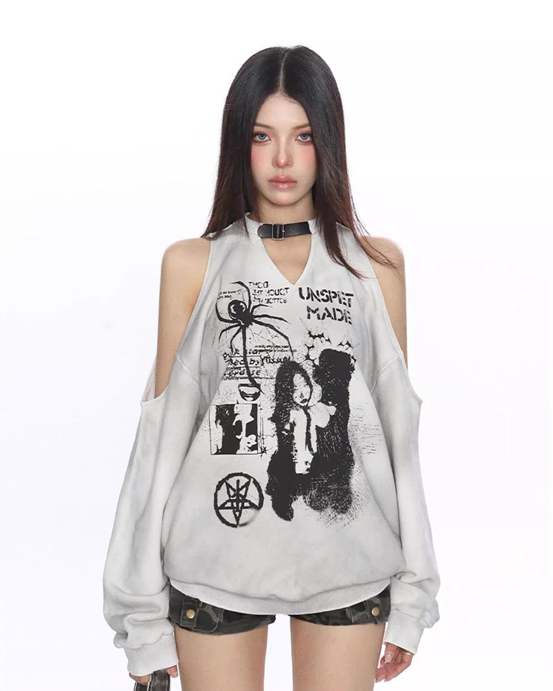 SPIDER GRAFFITI CUT-OUT SHOULDER LONG SLEEVE SWEATSHIRTS - GREY