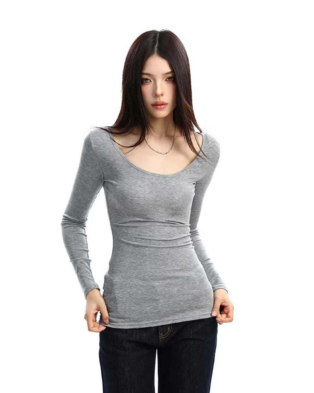 BACK LACE HOLLOW SLIM LONG SLEEVE TOPS - GREY