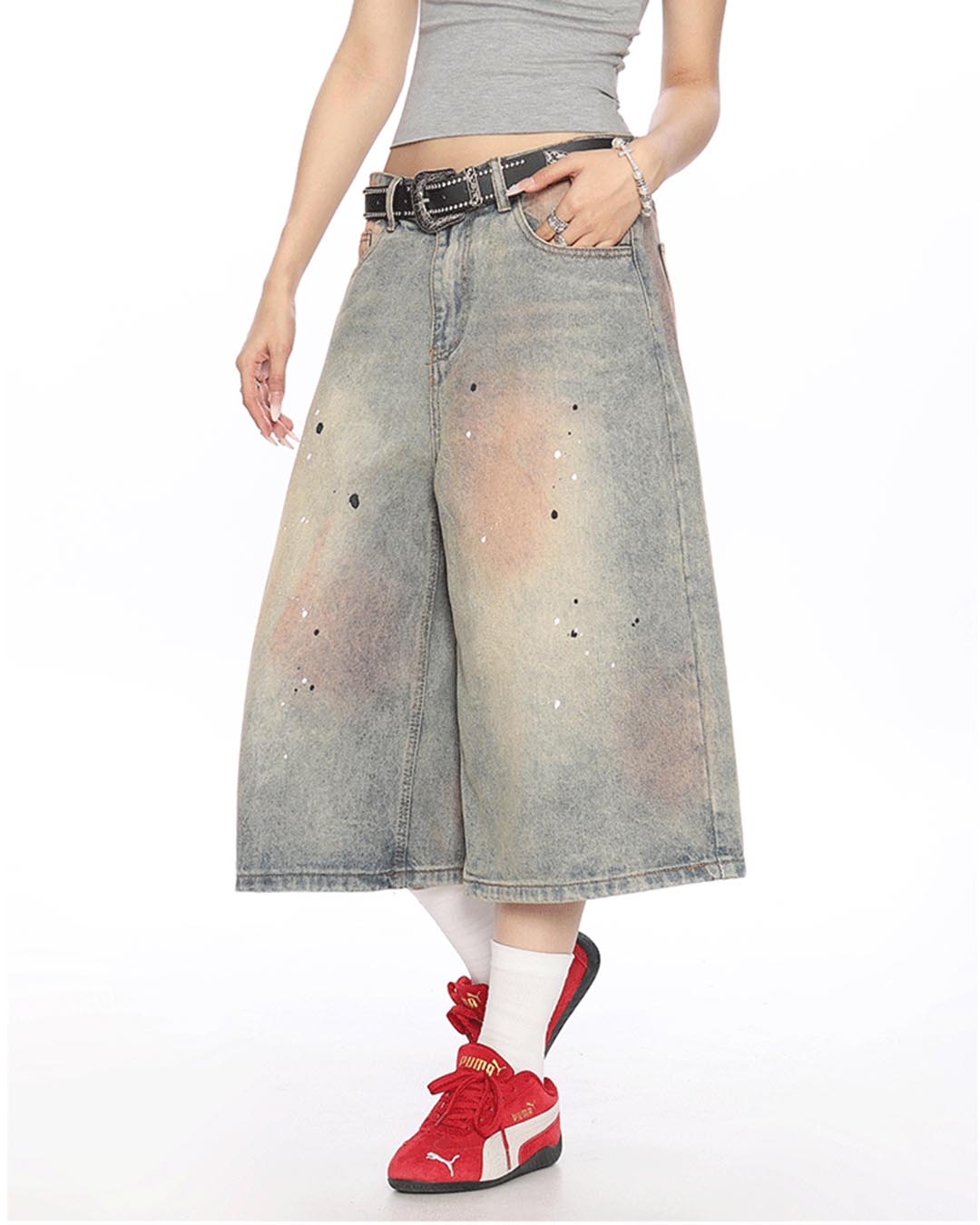 VINTAGE WASHED PAINT-SPLATTER CROPPED PANTS - LIGHT BLUE