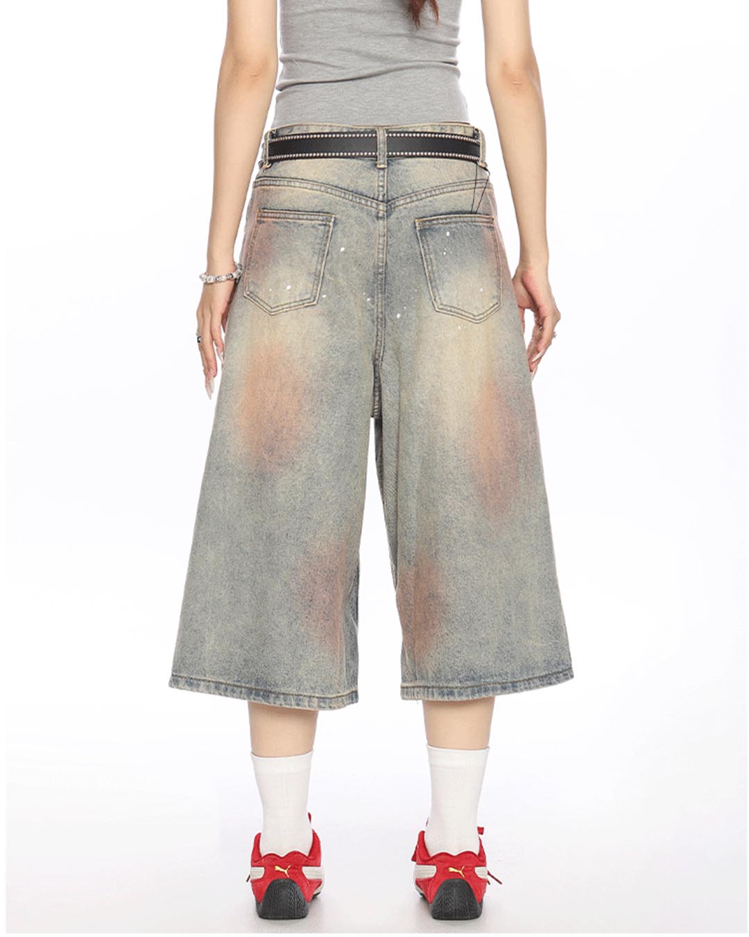VINTAGE WASHED PAINT-SPLATTER CROPPED PANTS - LIGHT BLUE