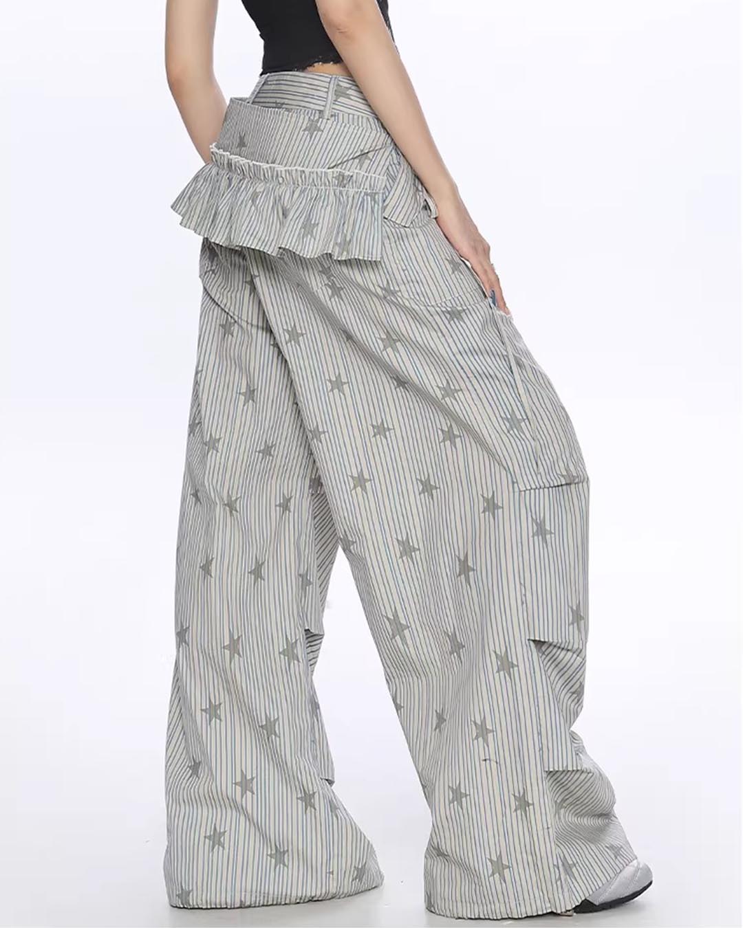 STRIPED STAR ALL-OVER PRINT CARGO PANTS - GREY