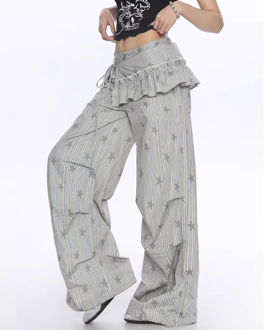 STRIPED STAR ALL-OVER PRINT CARGO PANTS - GREY