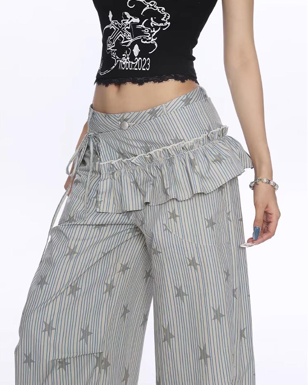 STRIPED STAR ALL-OVER PRINT CARGO PANTS - GREY
