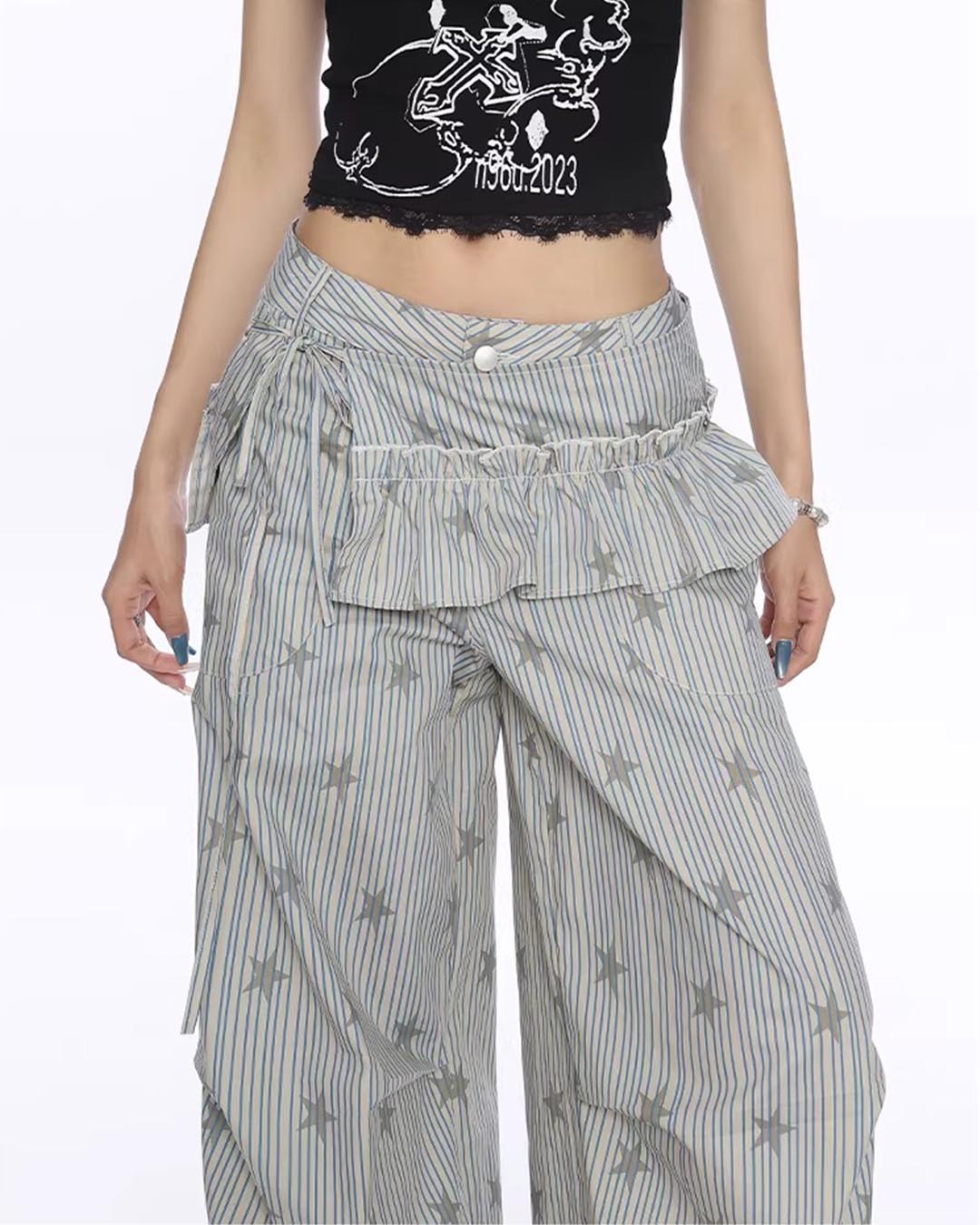 STRIPED STAR ALL-OVER PRINT CARGO PANTS - GREY