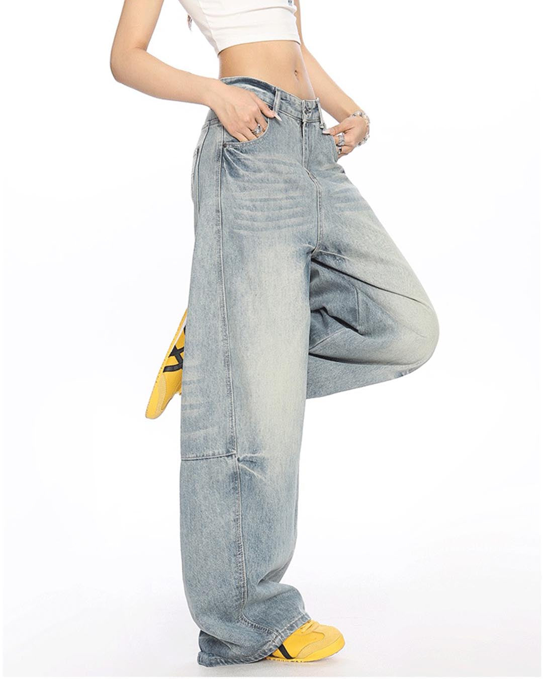 VINTAGE WASHED DISTRESSED WIDE-LEG DENIM PANTS - LIGHT BLUE