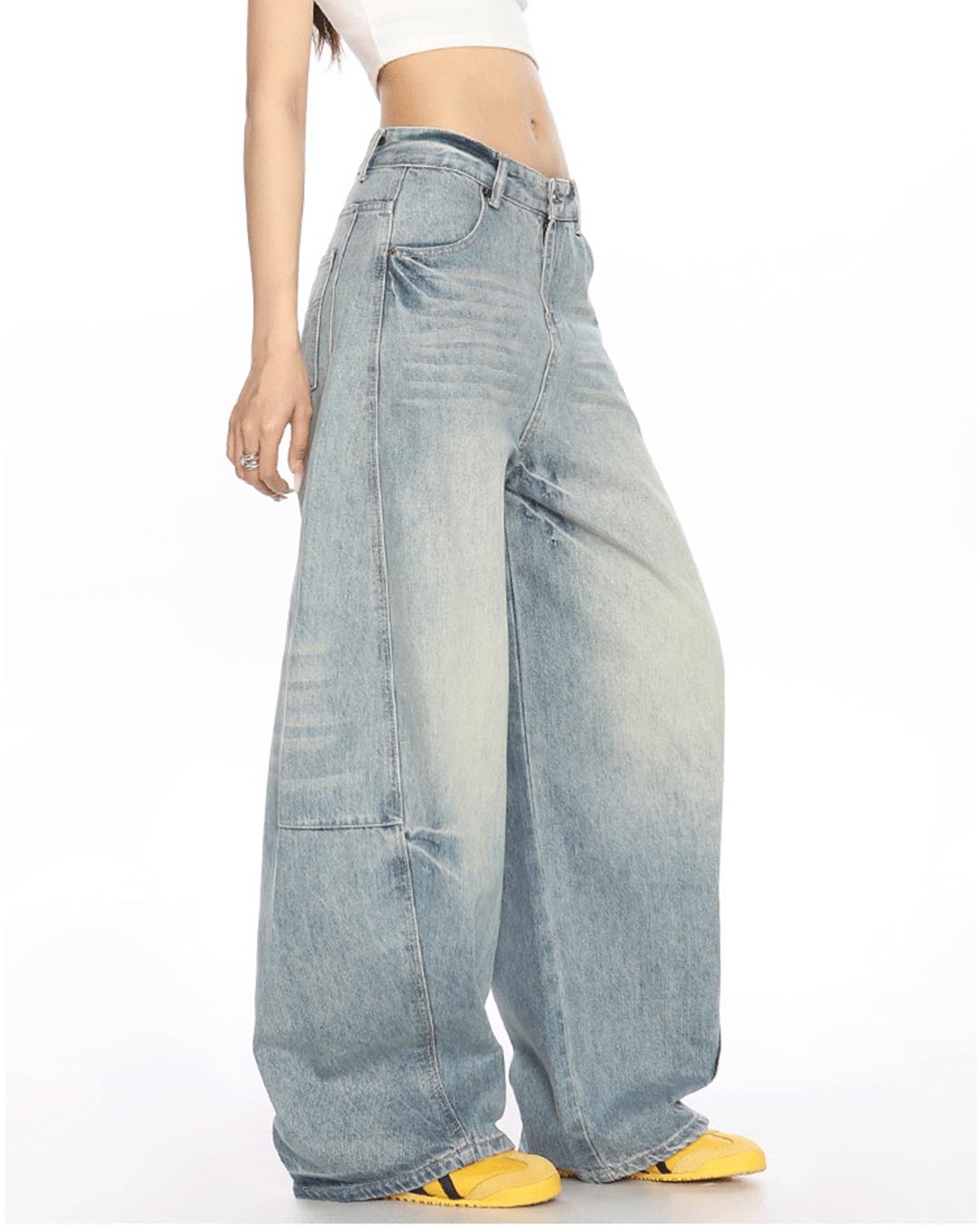 VINTAGE WASHED DISTRESSED WIDE-LEG DENIM PANTS - LIGHT BLUE