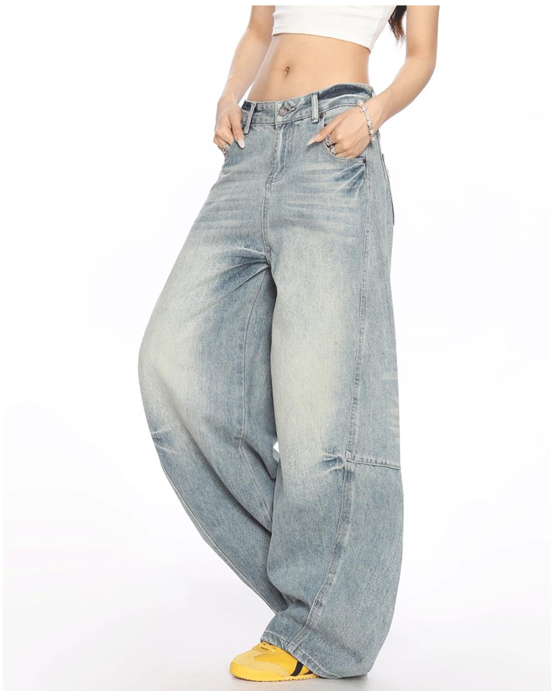 VINTAGE WASHED DISTRESSED WIDE-LEG DENIM PANTS - LIGHT BLUE