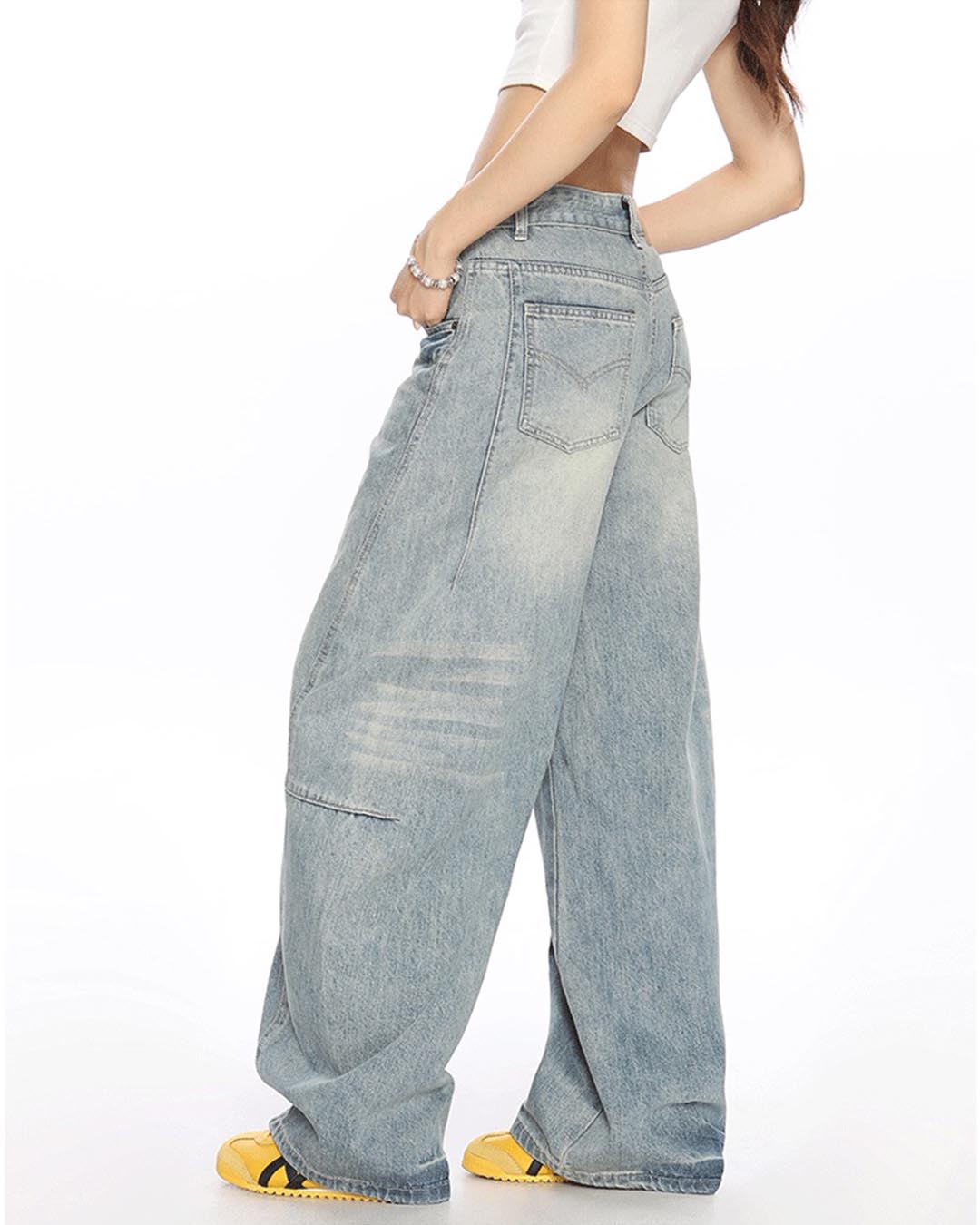 VINTAGE WASHED DISTRESSED WIDE-LEG DENIM PANTS - LIGHT BLUE