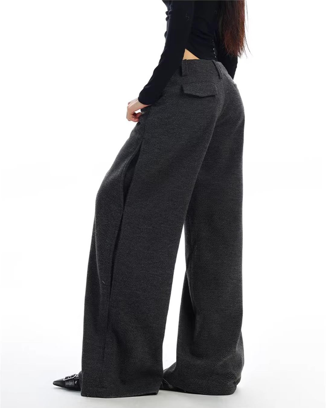 VINTAGE SIDE SLIT STRAIGHT WIDE-LEG SUIT PANTS - GREY