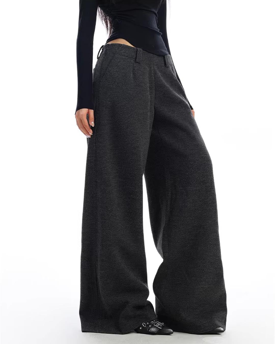 VINTAGE SIDE SLIT STRAIGHT WIDE-LEG SUIT PANTS - GREY