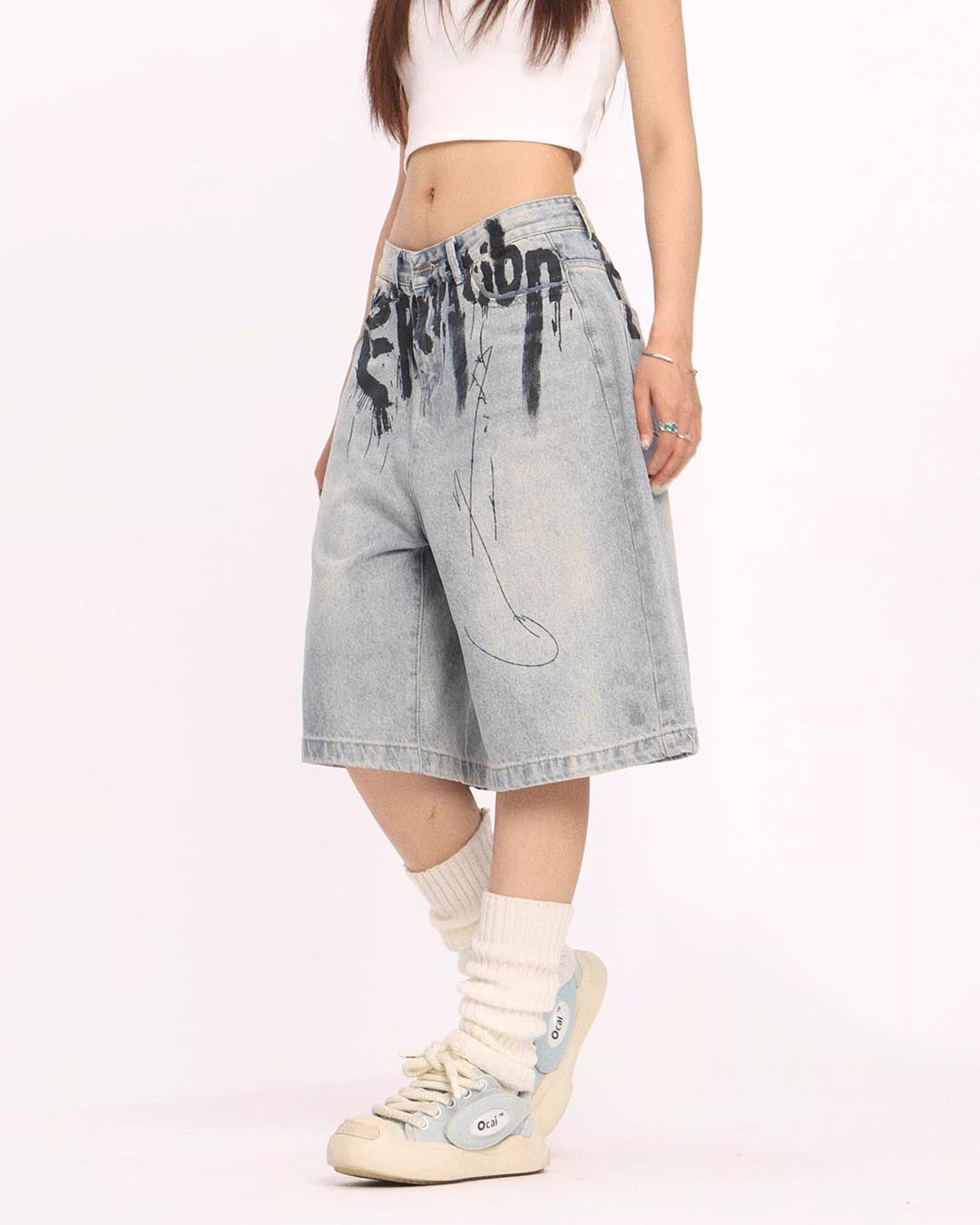INK SPLASH PAINTED WIDE-LEG CROPPED PANTS - LIGHT BLUE