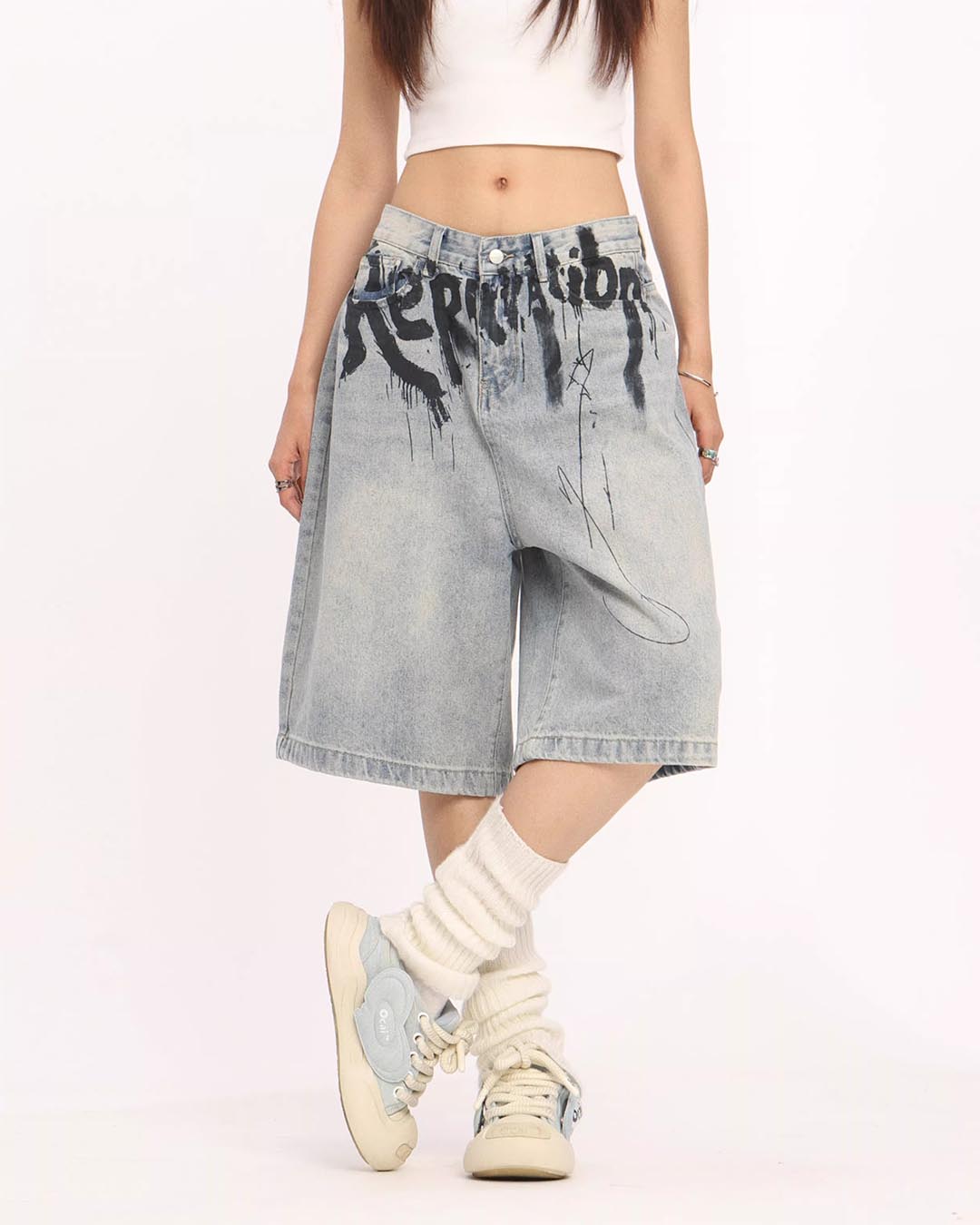 INK SPLASH PAINTED WIDE-LEG CROPPED PANTS - LIGHT BLUE