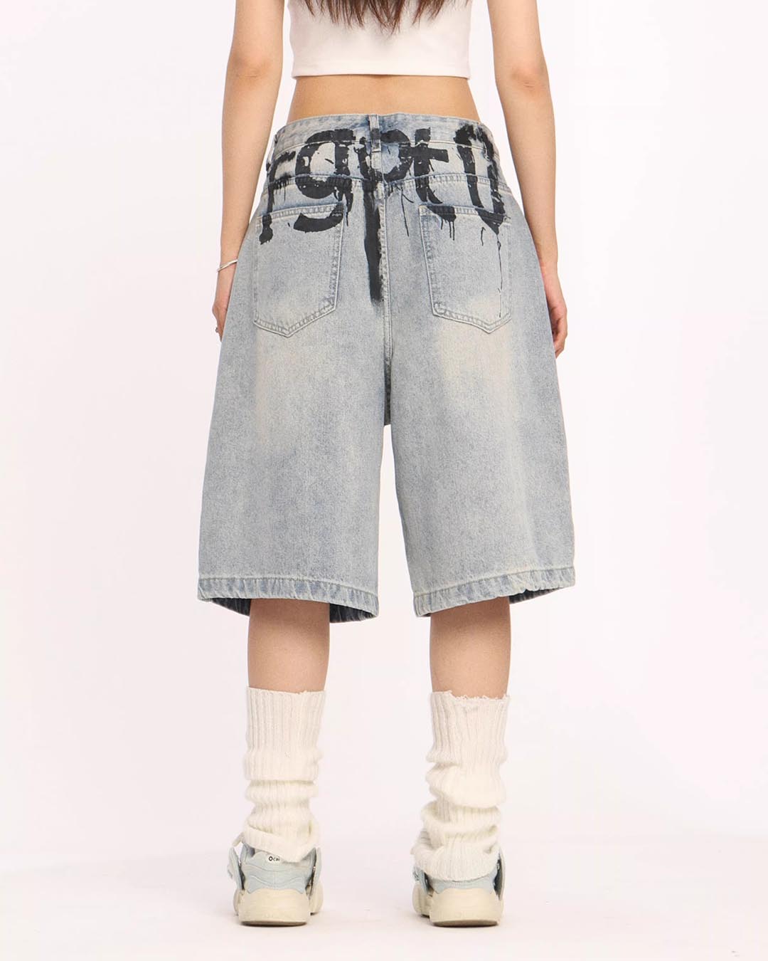 INK SPLASH PAINTED WIDE-LEG CROPPED PANTS - LIGHT BLUE