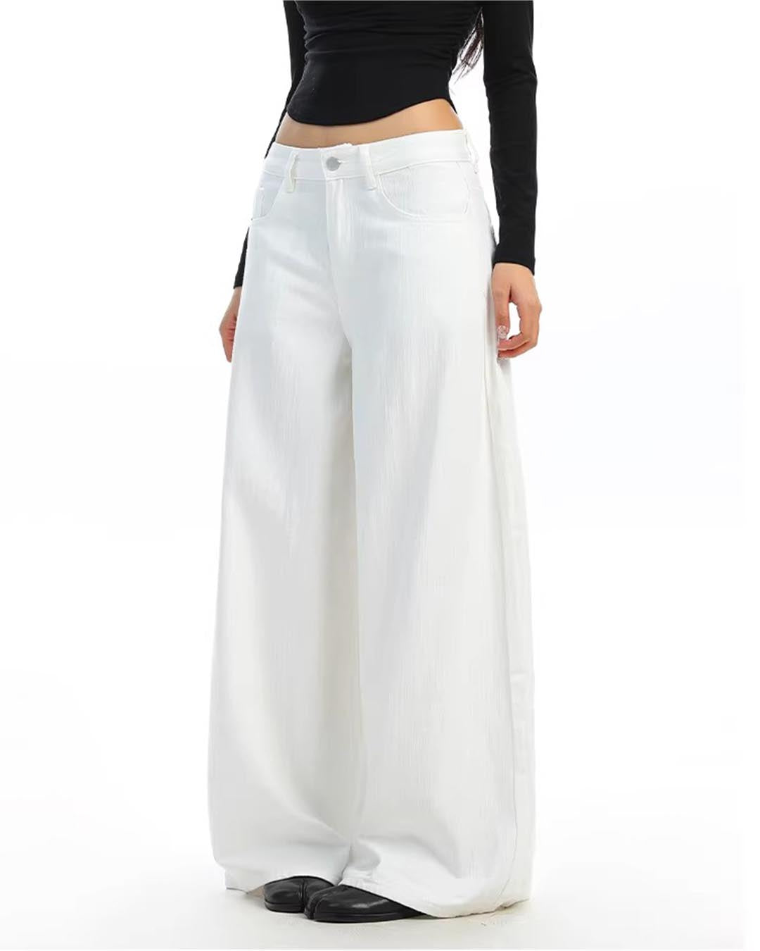CASUAL STRAIGHT WIDE-LEG DENIM PANTS - WHITE