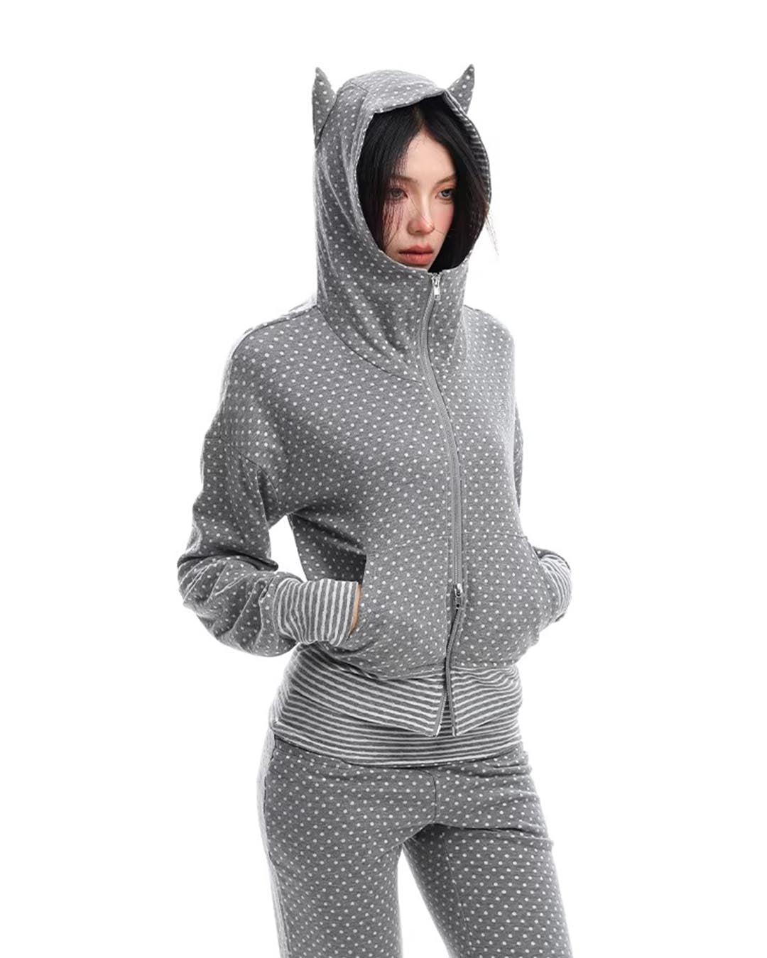 POLKA DOT FUN DEVIL HORN ZIP-UP SWEATSHIRTS - GREY