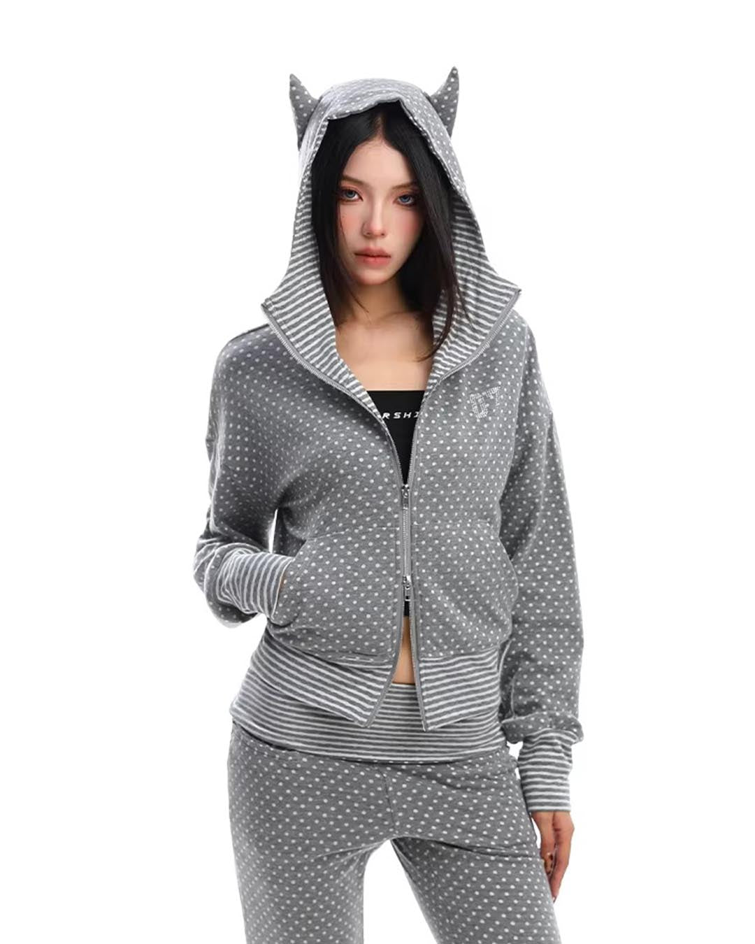 POLKA DOT FUN DEVIL HORN ZIP-UP SWEATSHIRTS - GREY