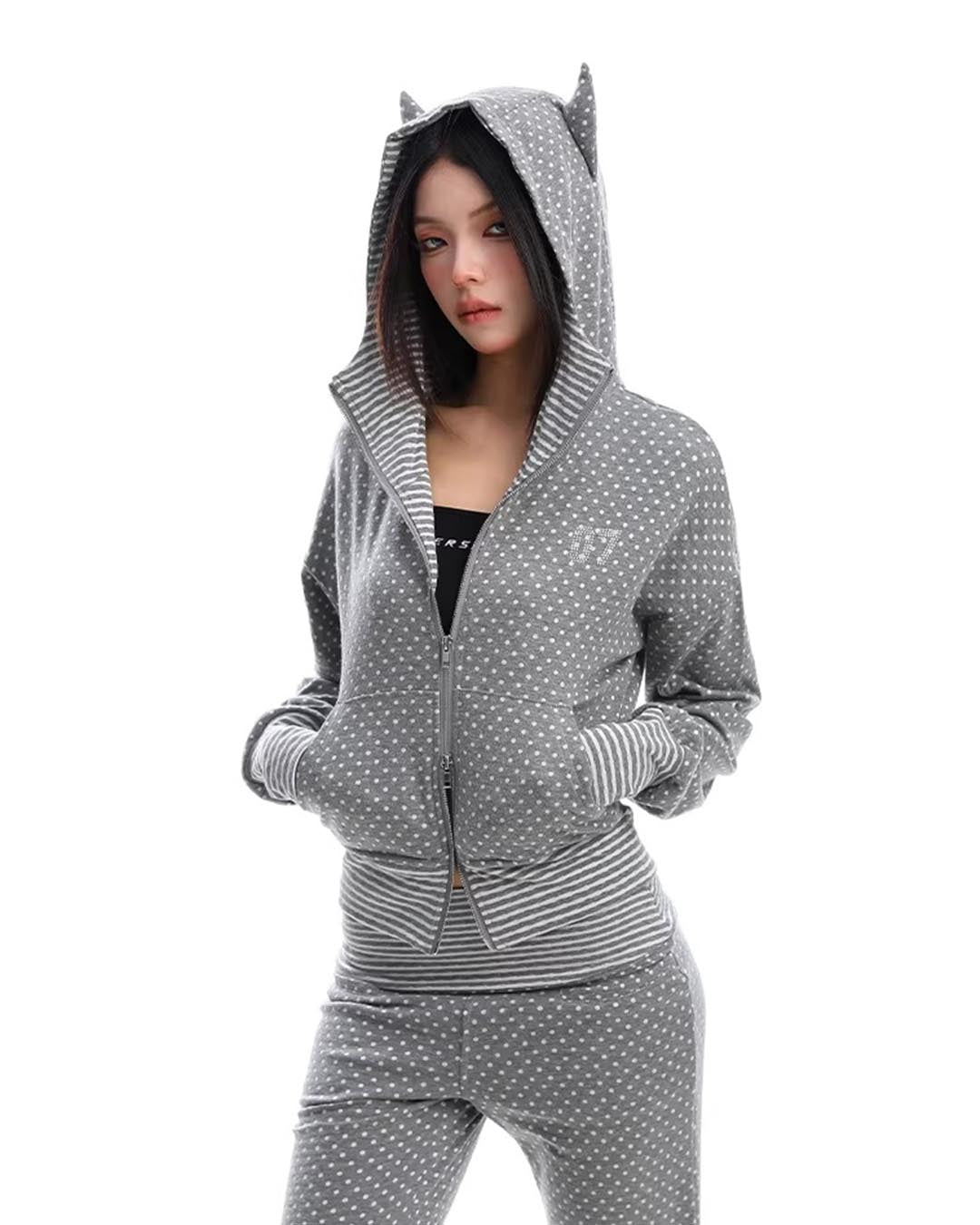 POLKA DOT FUN DEVIL HORN ZIP-UP SWEATSHIRTS - GREY