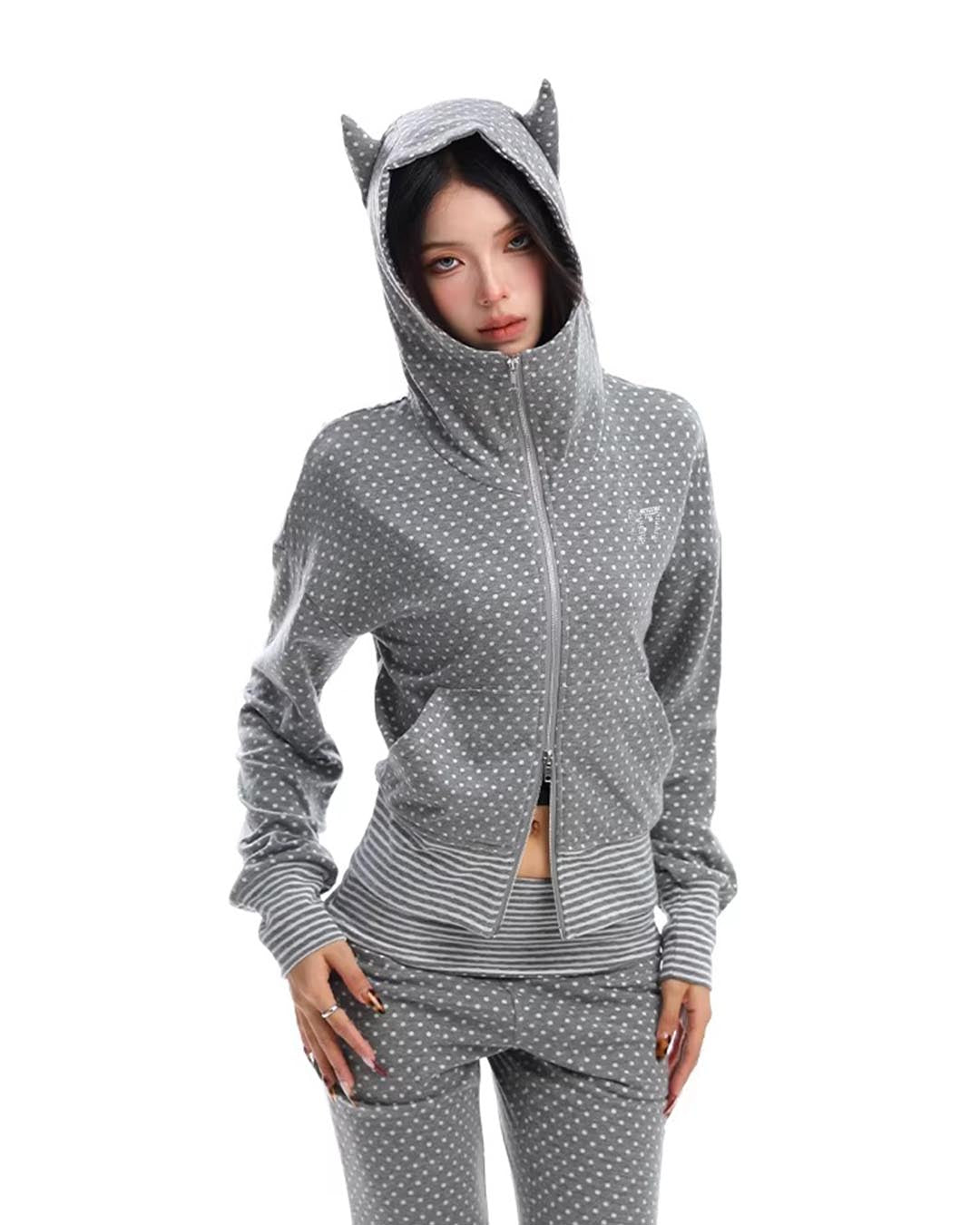 FAUX TWO-PIECE POLKA DOT STRIPE FLARED SWEATPANTS - GREY