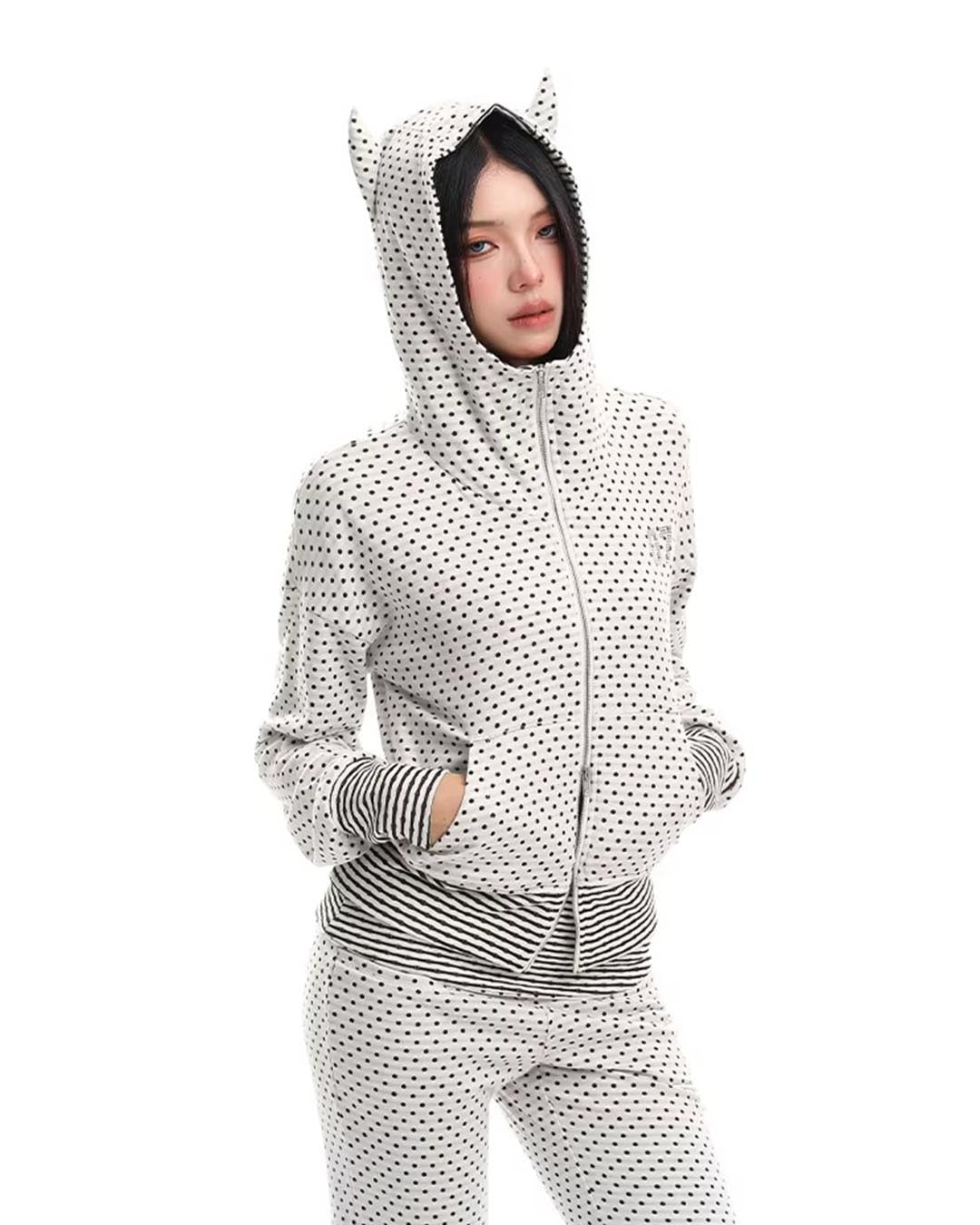 POLKA DOT FUN DEVIL HORN ZIP-UP SWEATSHIRTS - WHITE