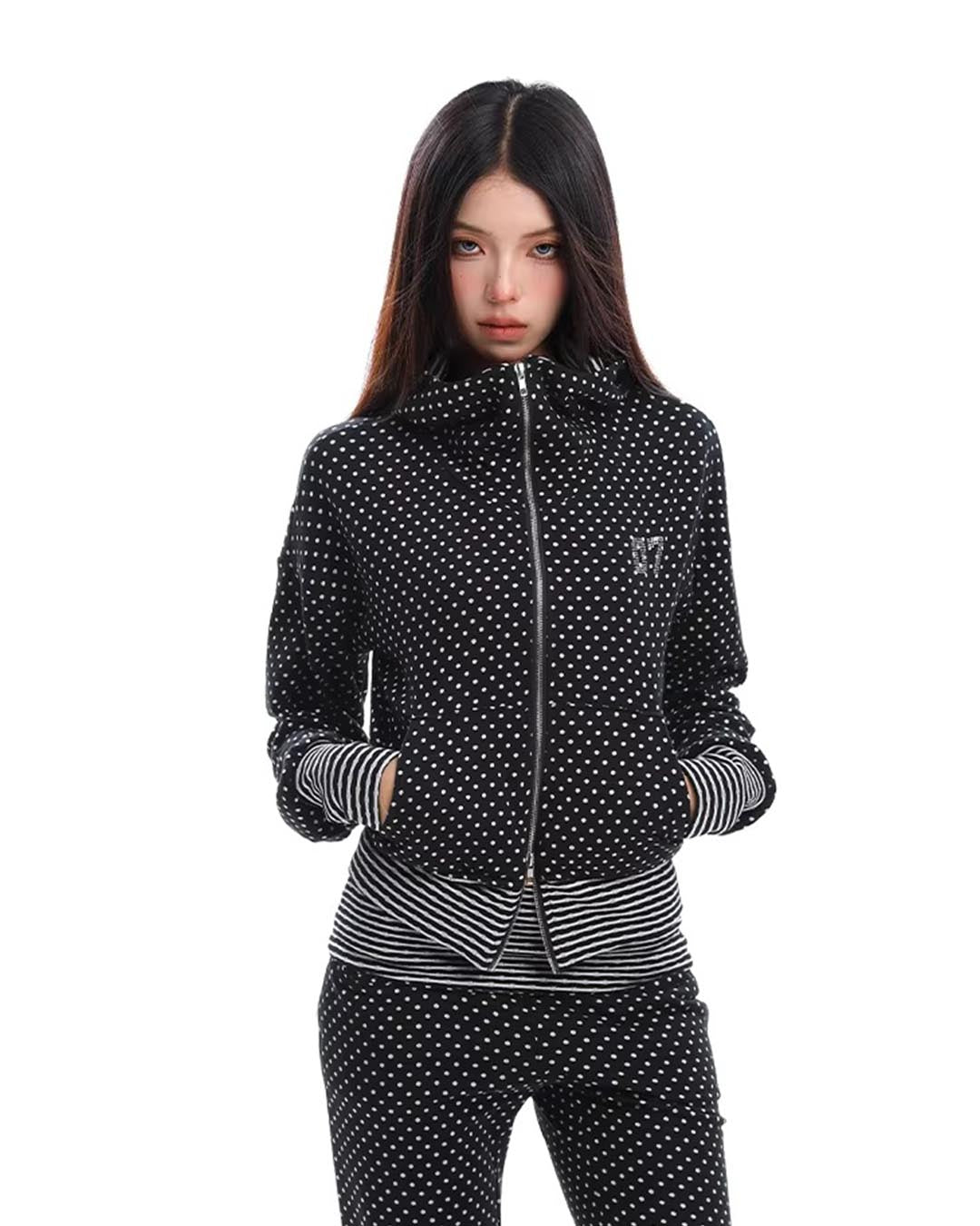 POLKA DOT FUN DEVIL HORN ZIP-UP SWEATSHIRTS - BLACK