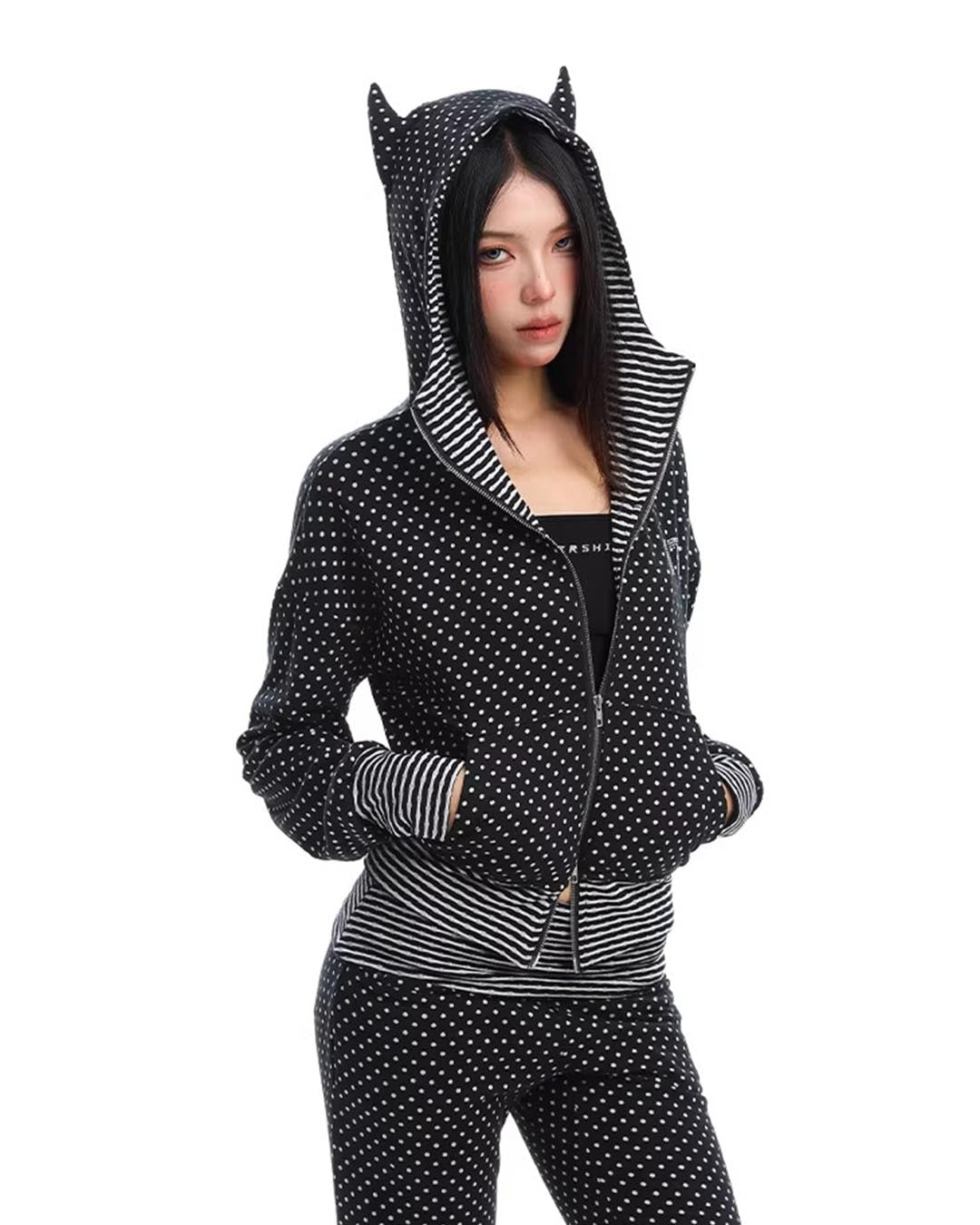 POLKA DOT FUN DEVIL HORN ZIP-UP SWEATSHIRTS - BLACK