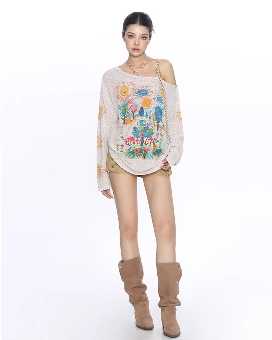 CARTOON DOODLE ONE-SHOULDER STRAP LONG SLEEVE TOPS - WHITE