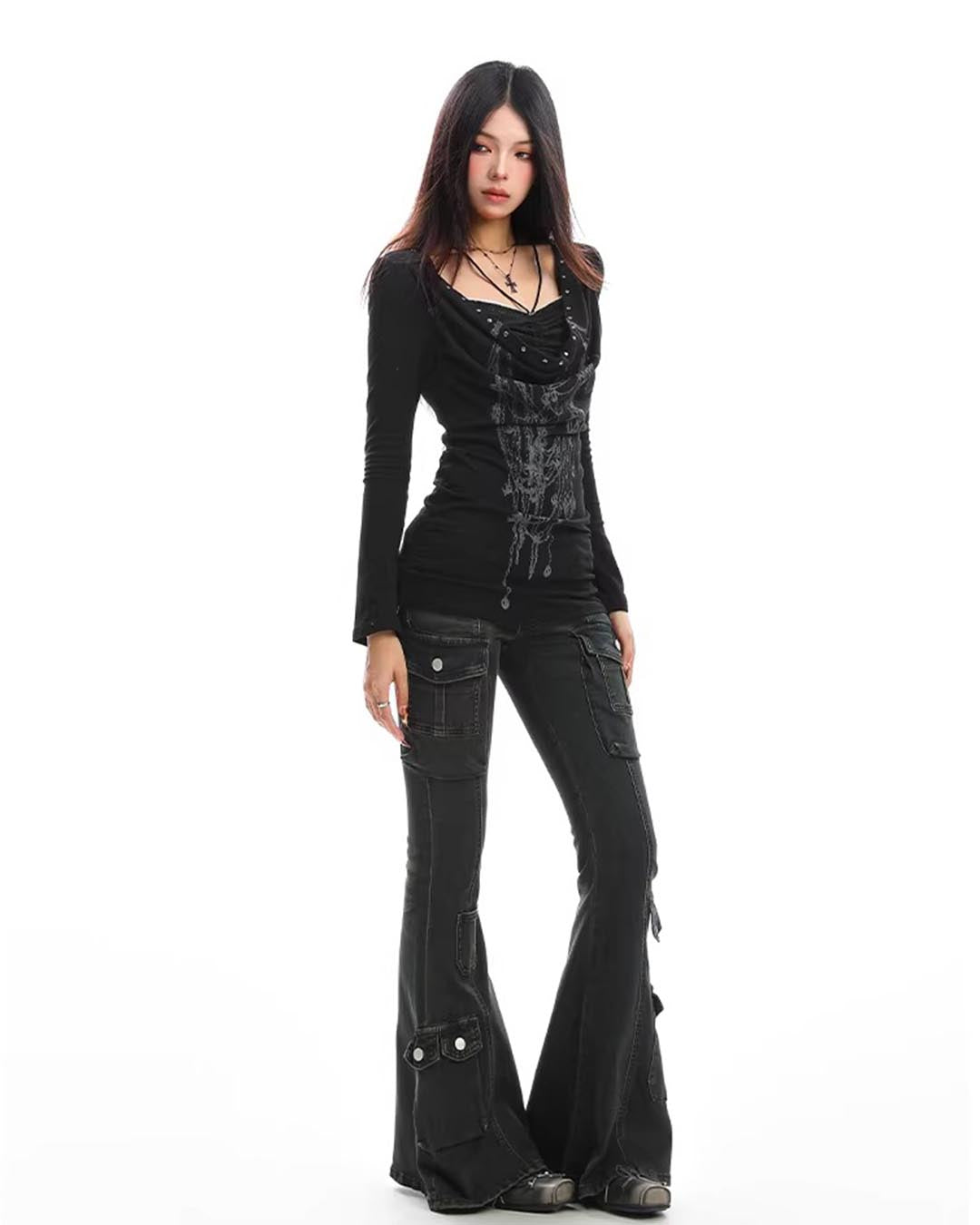 Y2K LACE COWL NECK GRAFFITI LONG SLEEVE TOPS - BLACK