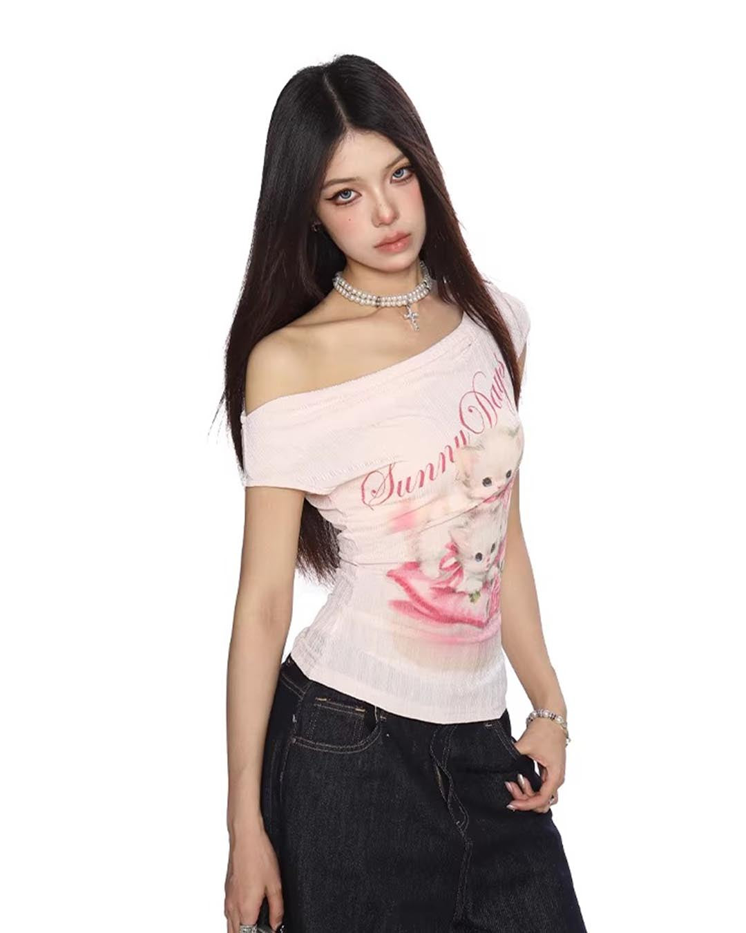 CAT PRINT ONE-SHOULDER T-SHIRTS - PINK