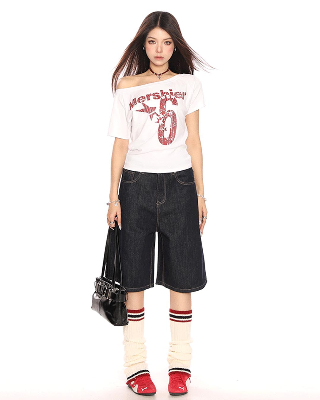 ONE-SHOULDER LETTER PRINT T-SHIRTS - WHITE