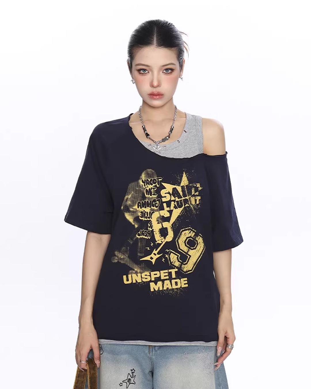 GRAFFITI FAKE LAYER OFF-SHOULDER T-SHIRTS - NAVY