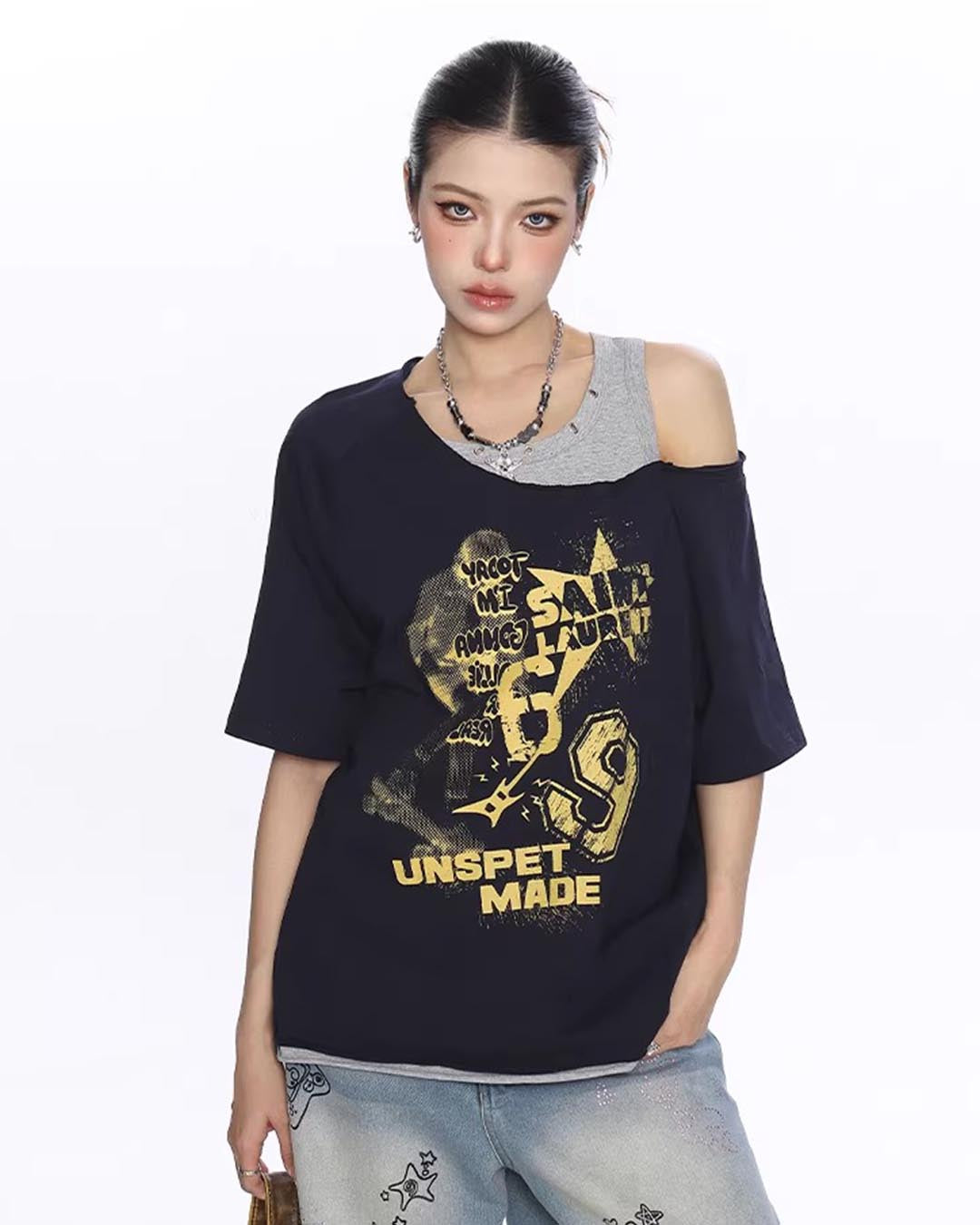 GRAFFITI FAKE LAYER OFF-SHOULDER T-SHIRTS - NAVY