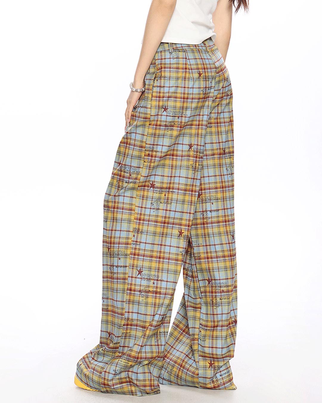 PLAID COLOR-BLOCK WIDE-LEG PANTS