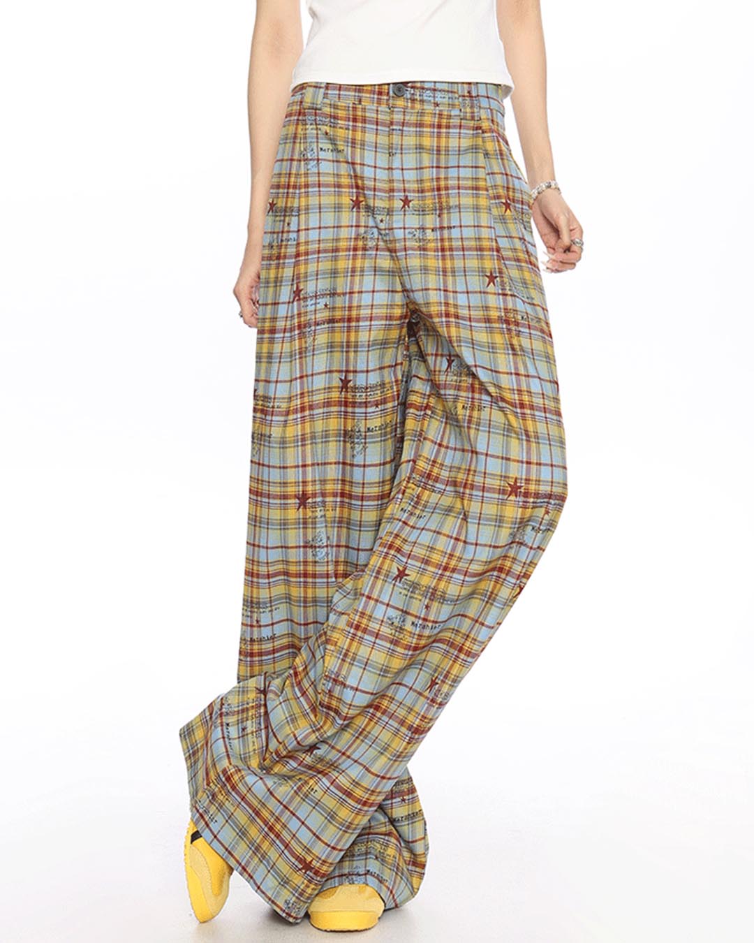 PLAID COLOR-BLOCK WIDE-LEG PANTS