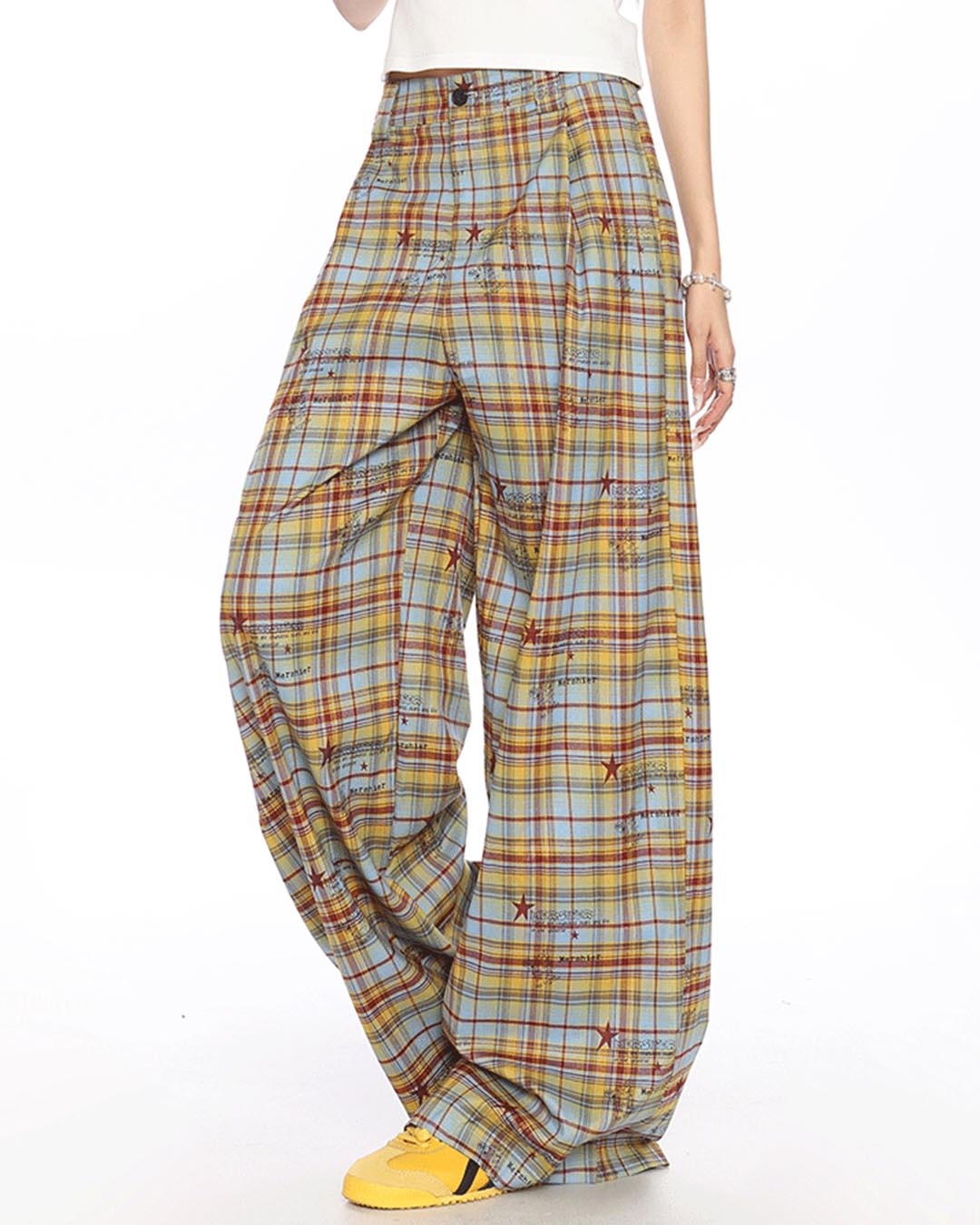 PLAID COLOR-BLOCK WIDE-LEG PANTS