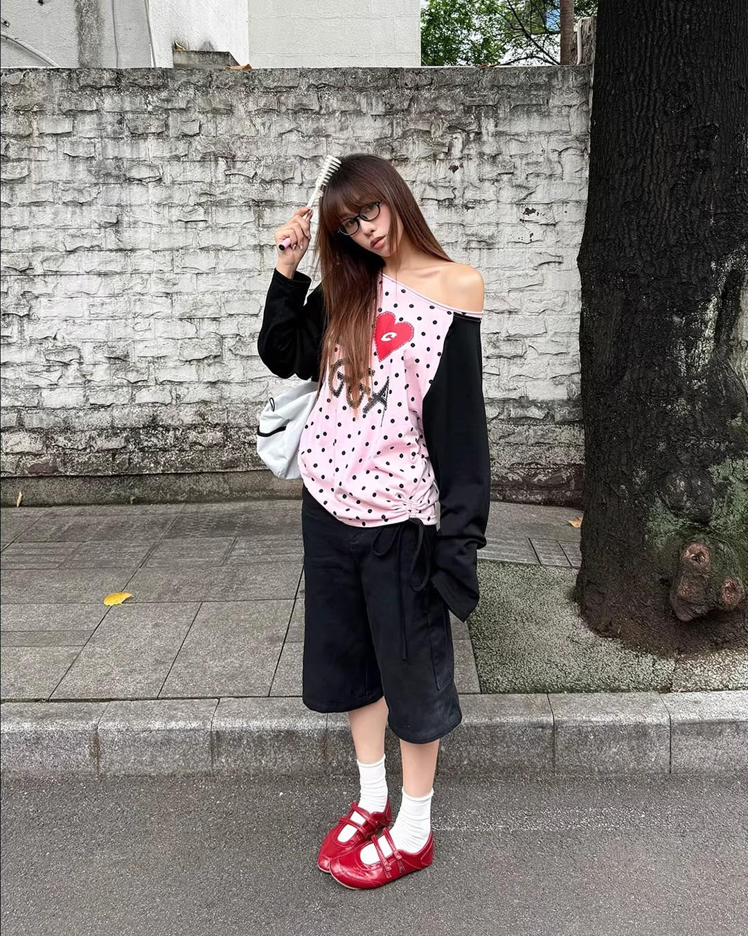 Y2K HEART POLKA DOT RAGLAN TOPS - PINK