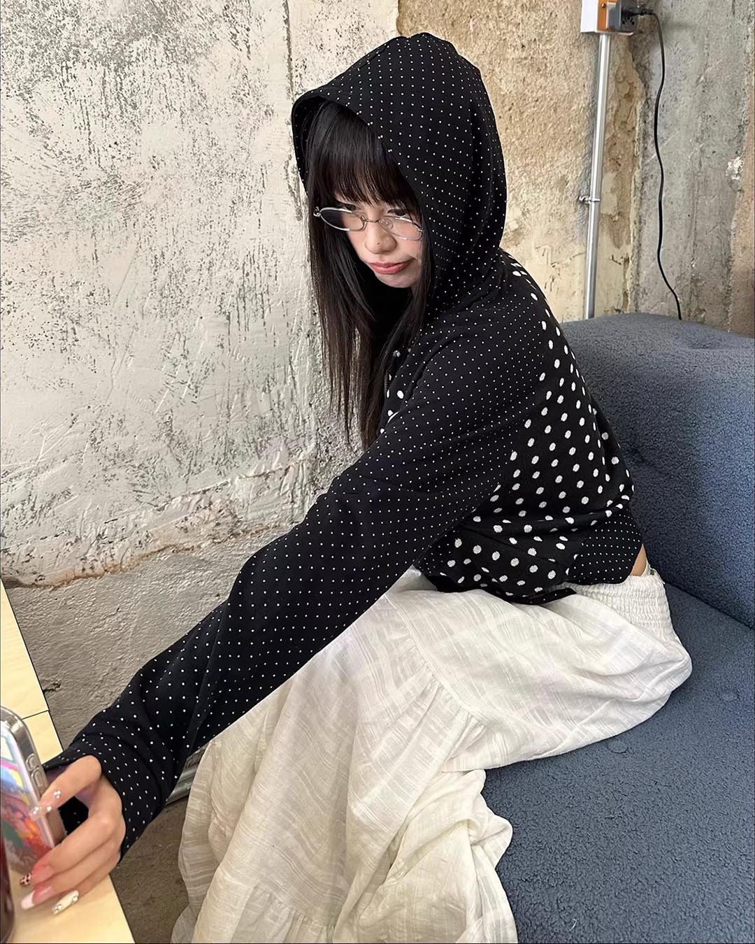 RETRO POLKA DOT HOODED ZIP SWEATSHIRTS - BLACK