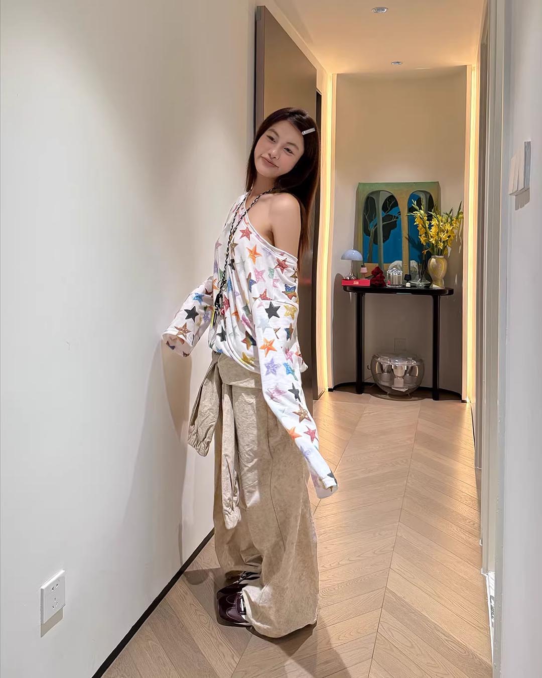 Y2K COLOR STAR PRINT OFF-SHOULDER TOPS - WHITE