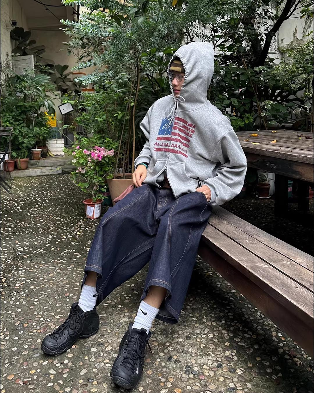 Y2K STAR-SPANGLED LETTER ZIP HOODED SWEATSHIRTS - GREY