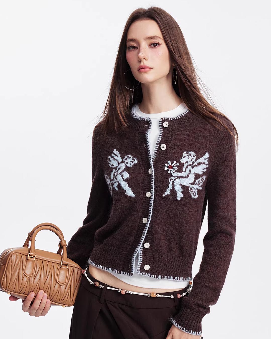 CUPID JACQUARD KNIT CARDIGANS - COFFEE