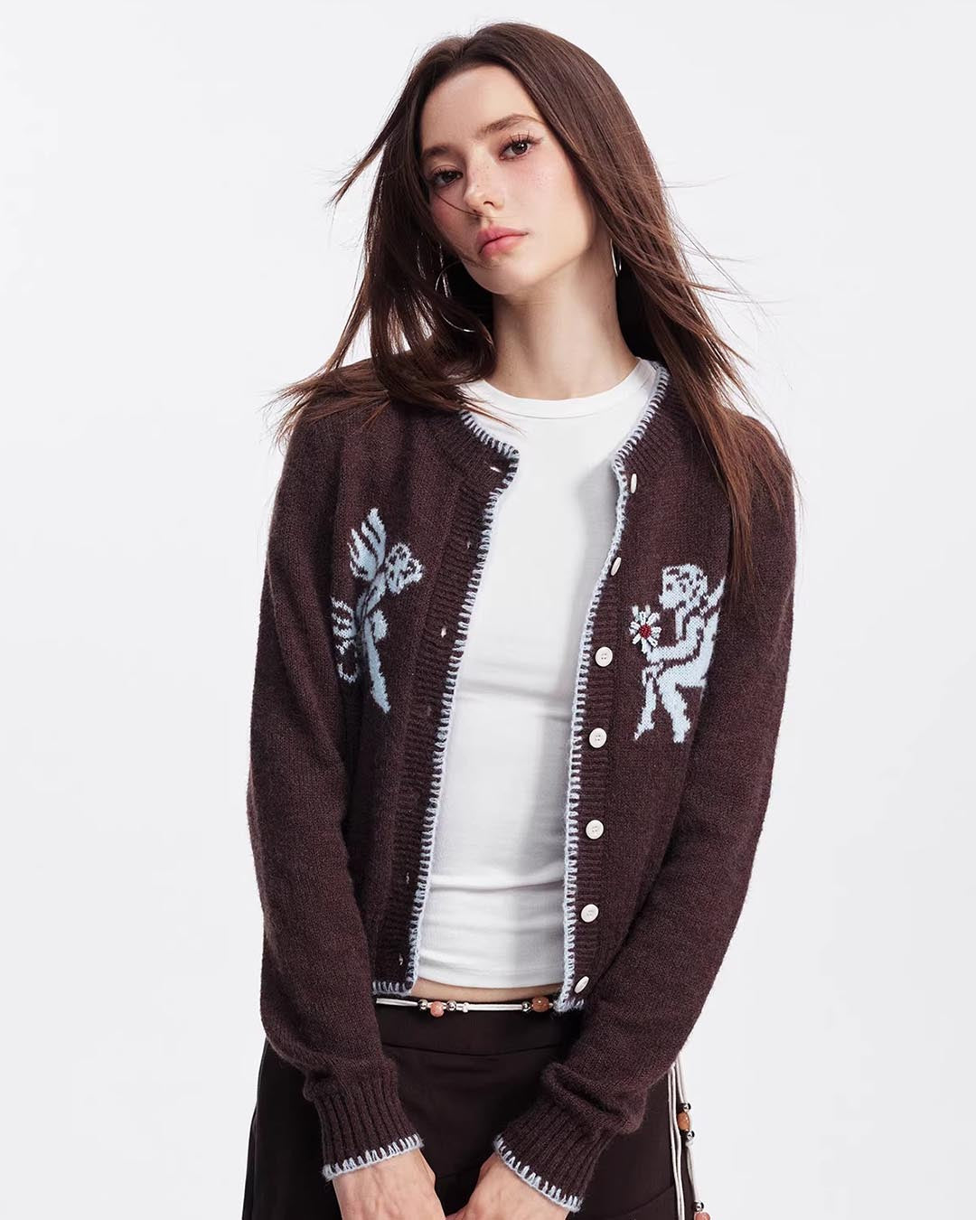 CUPID JACQUARD KNIT CARDIGANS - COFFEE