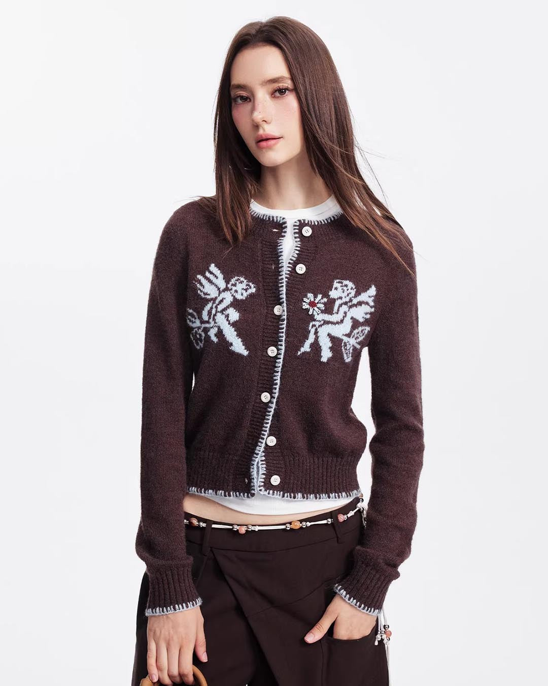 CUPID JACQUARD KNIT CARDIGANS - COFFEE