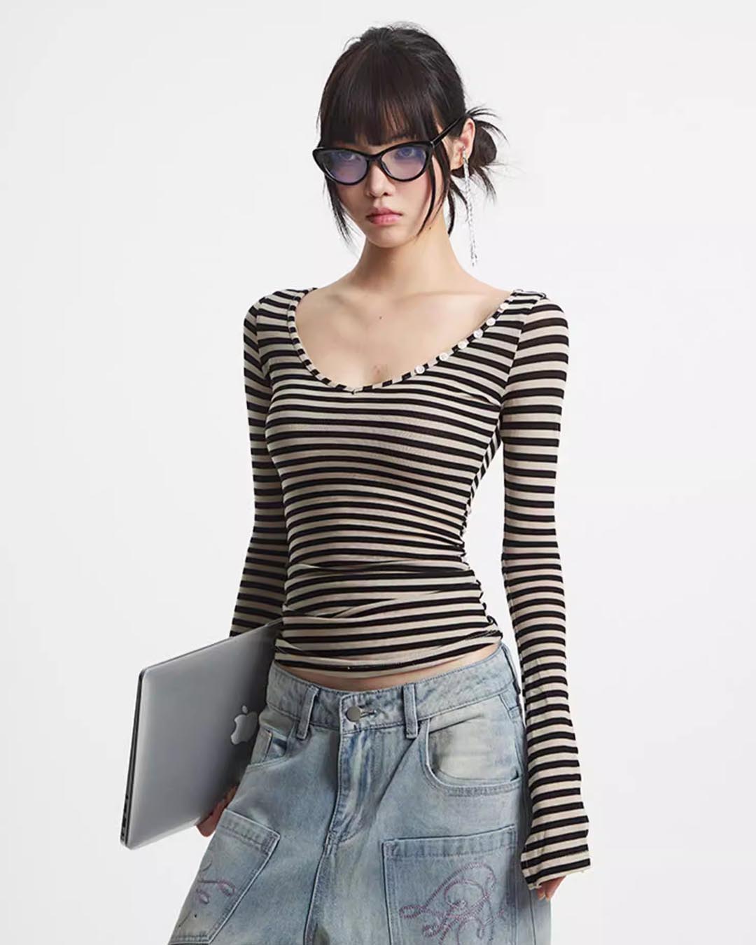 VINTAGE STRIPED LONG SLEEVE T-SHIRT TOPS - BLACK